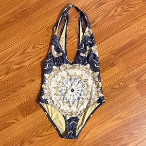 Elegant Blue and Cream One-Piece Swimsuit